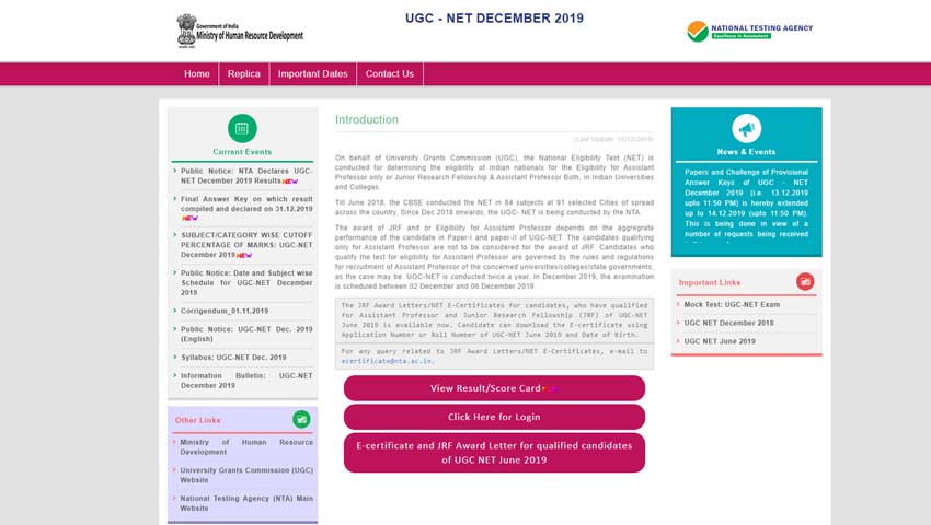 UGC NET December 2019 Result: Alert! Result declared by NTA at ugcnet.nta.nic.in