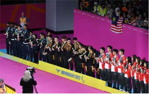 Badminton: Silver medalist Indian team with Gold medalist Malaysias team and Bronze medalist Singapores team