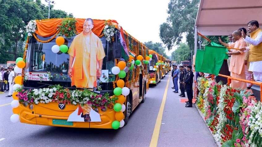 UP CM Yogi Adityanath launches 42 new electric buses for Lucknow, Kanpur