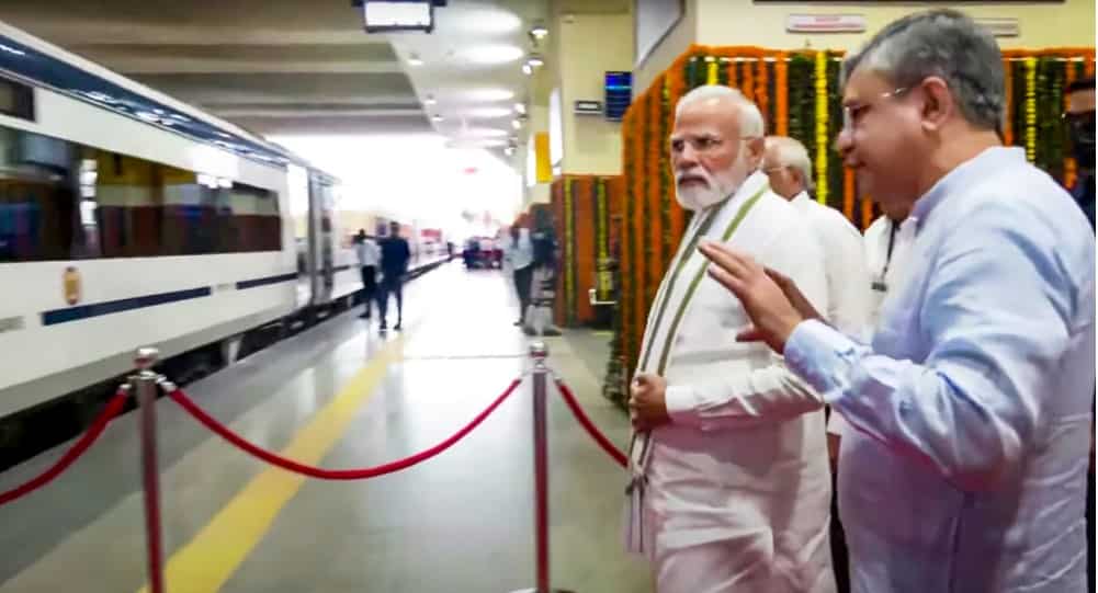PM Modi with Union Minister for Railways Ashwini Vaishnaw during the flag-off of Gandhinagar-Mumbai Vande Bharat Express train, in Gandhinagar.