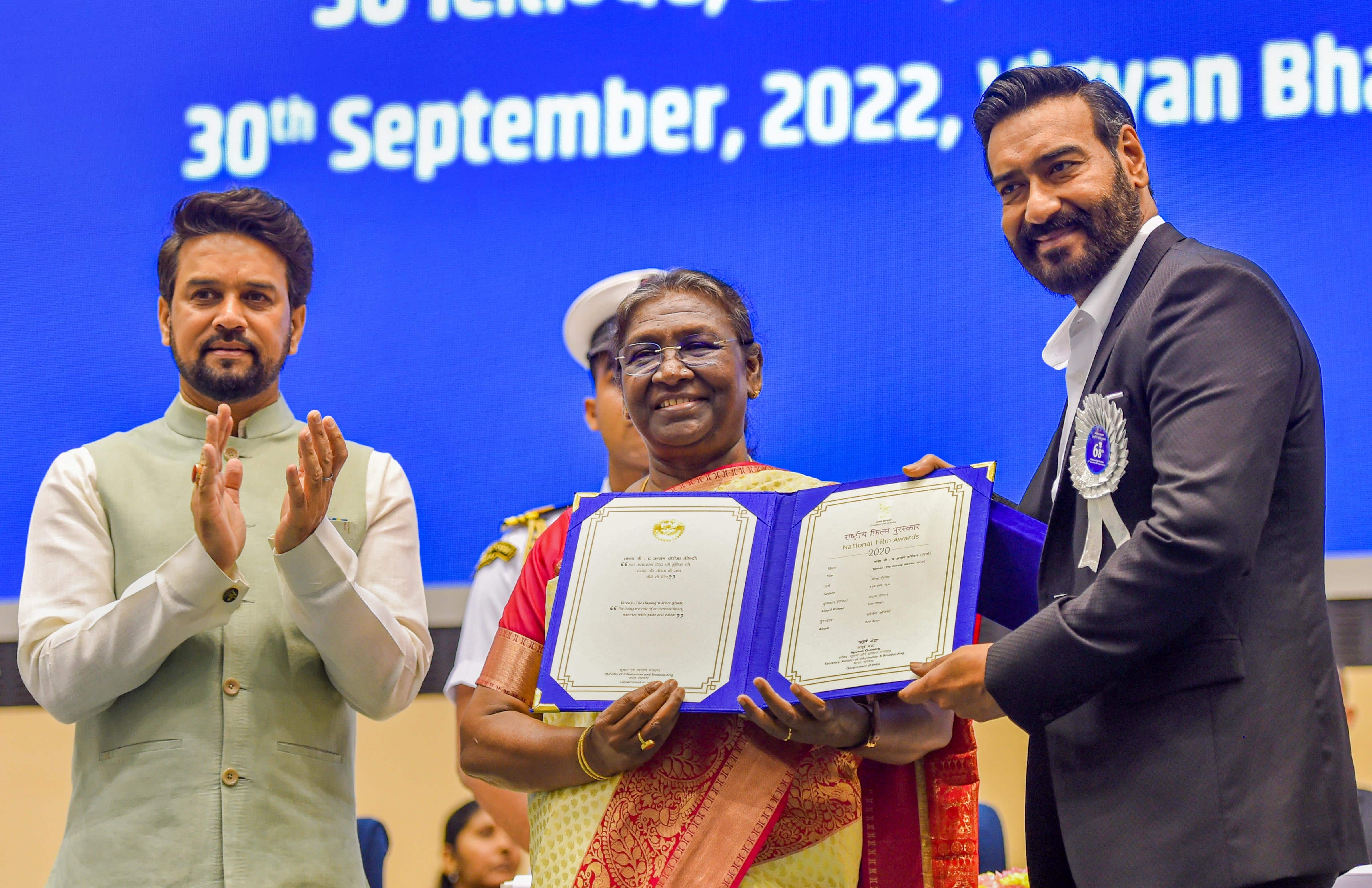President Droupadi Murmu presents Best Actor Award to Bollywood actor Ajay Devgn during the 68th National Film Awards presentation ceremony (PTI photo)