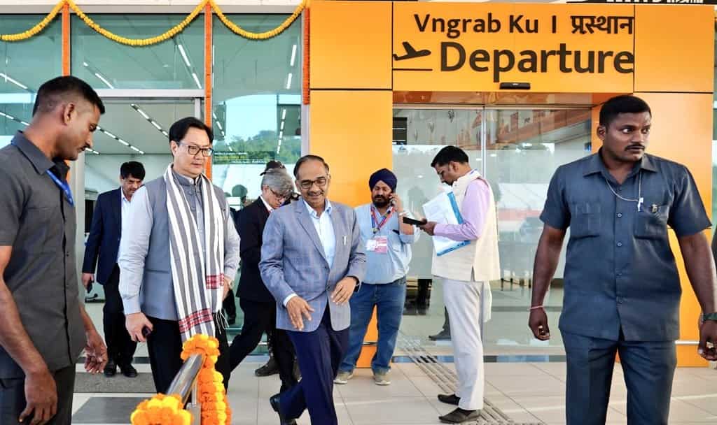 Union Minister Kiren Rijiju at Itanagar's Donyi Polo Airport. 