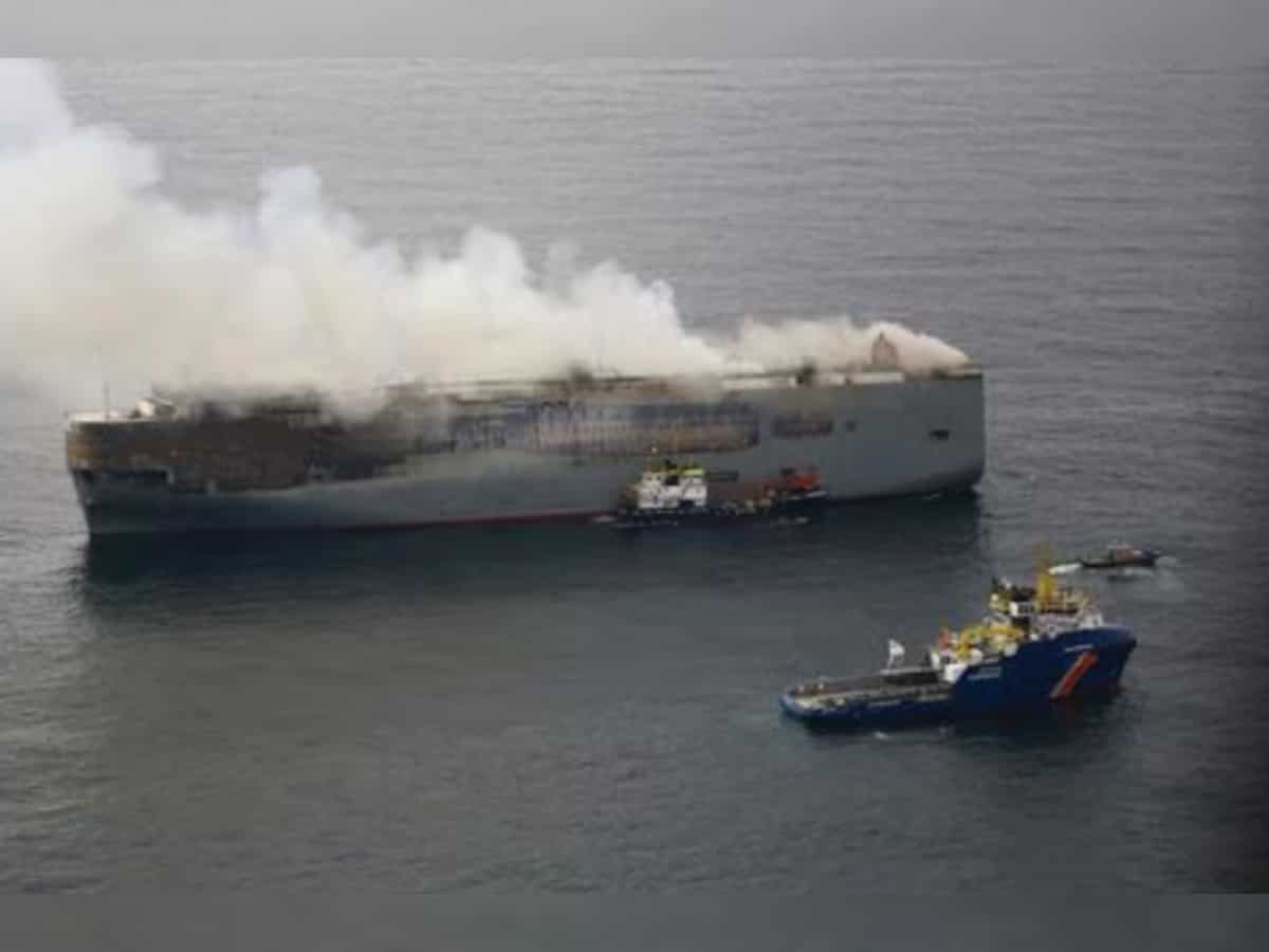 Burning car carrier off Dutch coast being towed away from shipping lanes