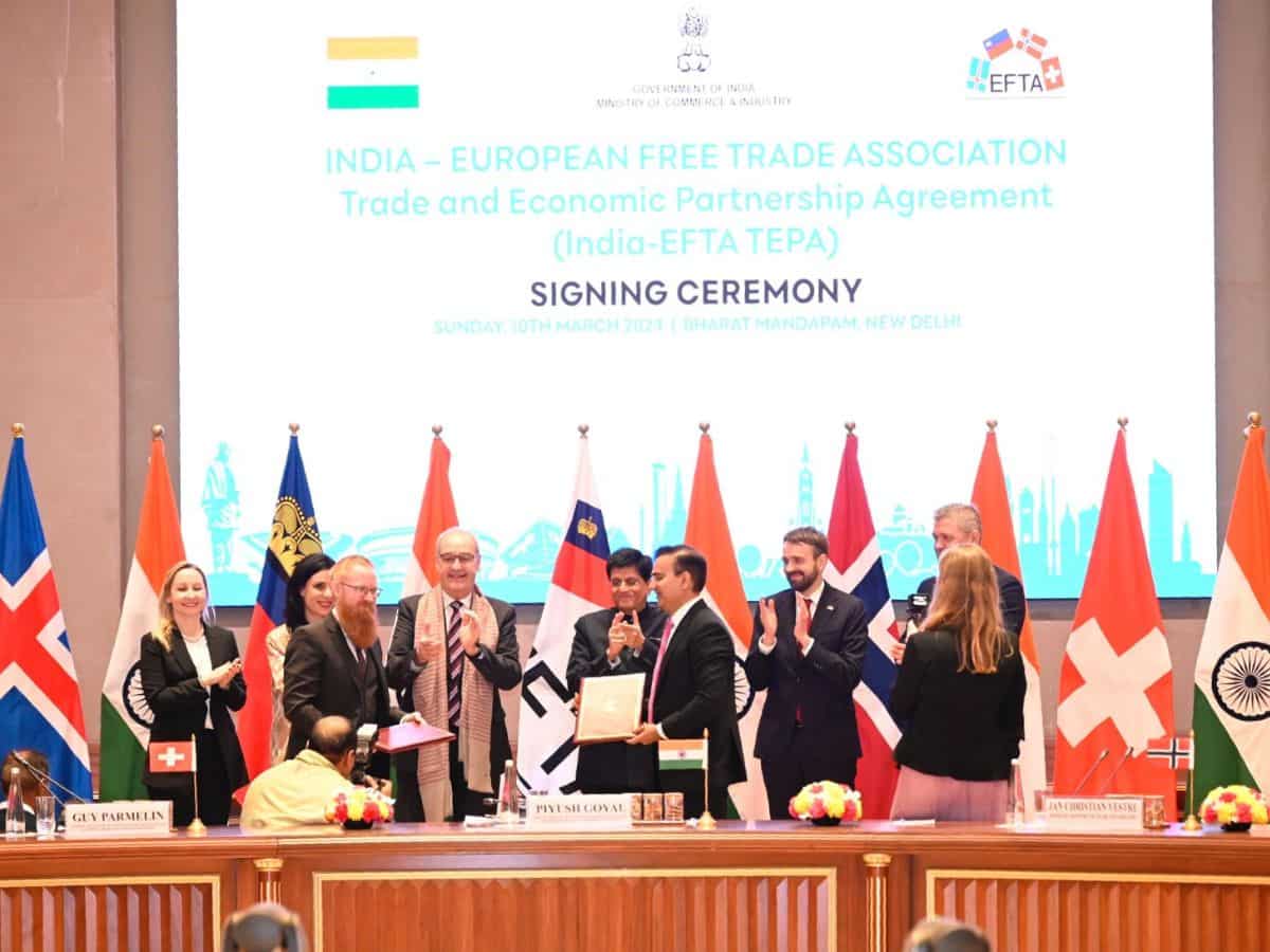 India, EFTA ink free trade agreement; USD 100 billion investment target in next 15 years