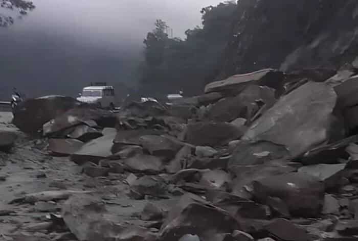 Debris from hill blocks Badrinath highway in Joshimath, Uttarakhand