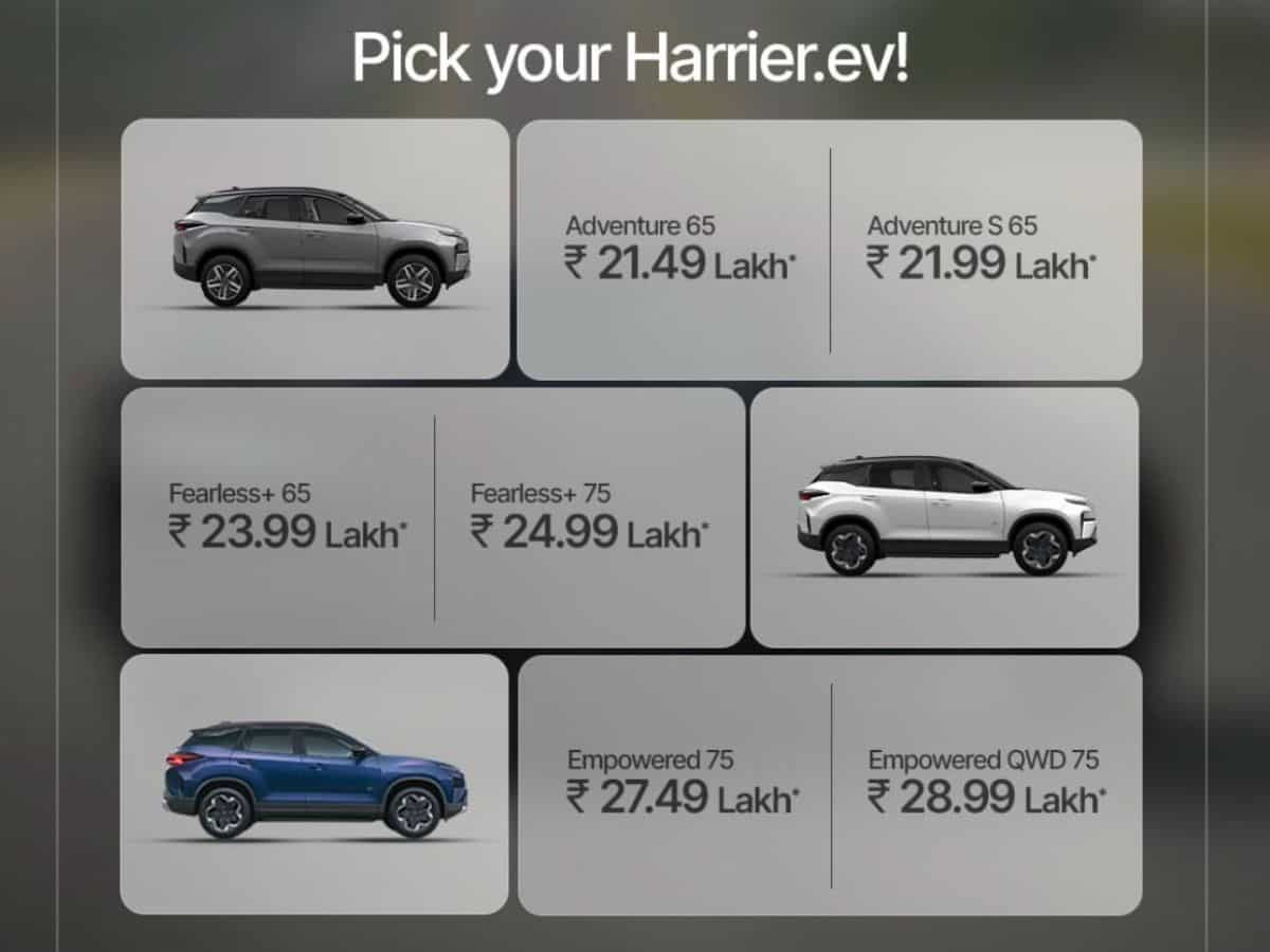 Tata Harrier.ev range starts at Rs 21.49 lakh, Quad Wheel Drive at Rs 28.99 lakh; bookings commence on July 2; see price chart