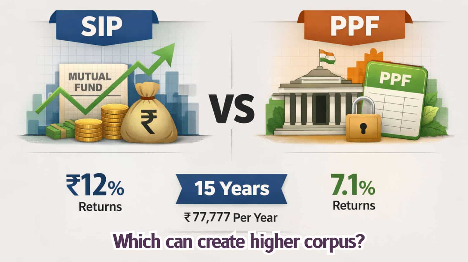 PPF vs SIP Comparison: Which investment creates higher corpus in 15 years with Rs 77,777/year?