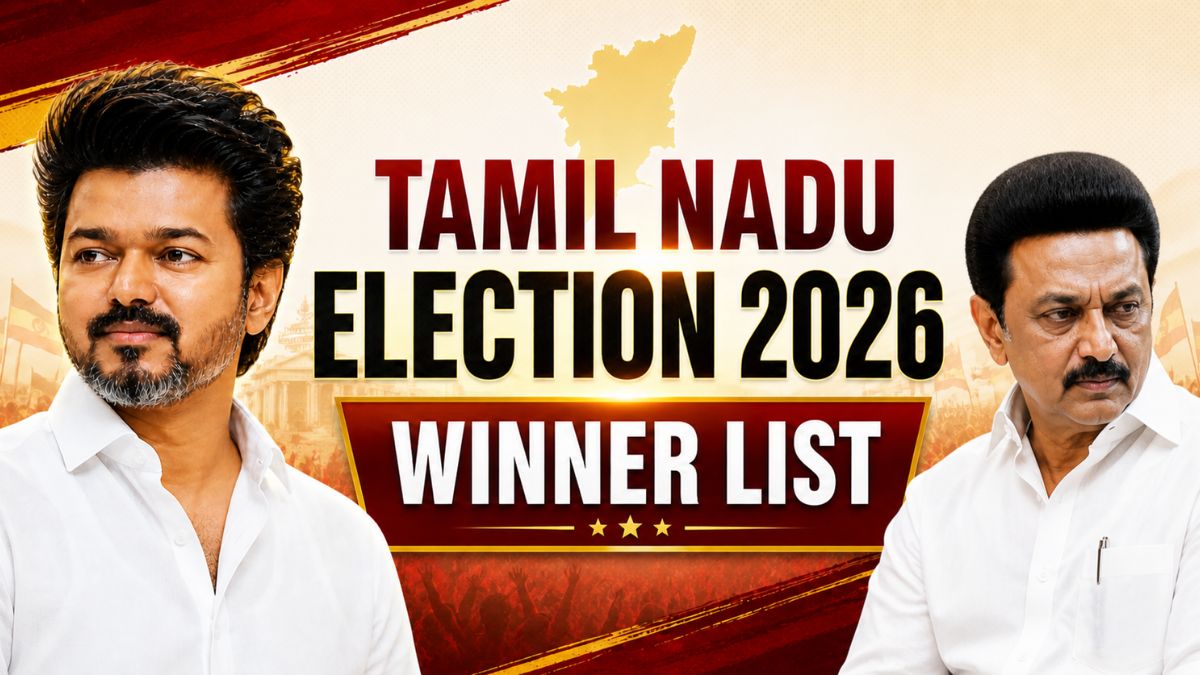 Tamil Nadu Election 2026 Winner List: TVK secures ‘Vijay’ with 108 seats, DMK at 59, ADMK at 47—Check constituency-wise trends