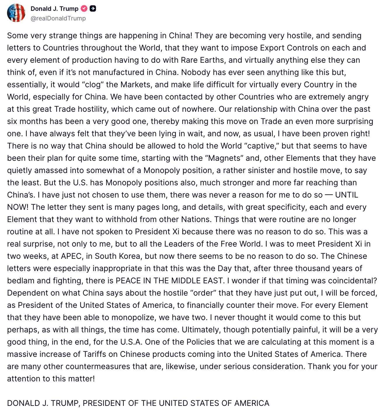 Trump truth social post