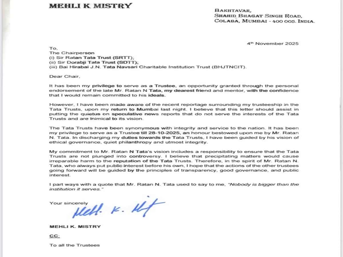 Mehli Mistry steps down from Tata Trusts, citing Ratan Tata’s legacy and values