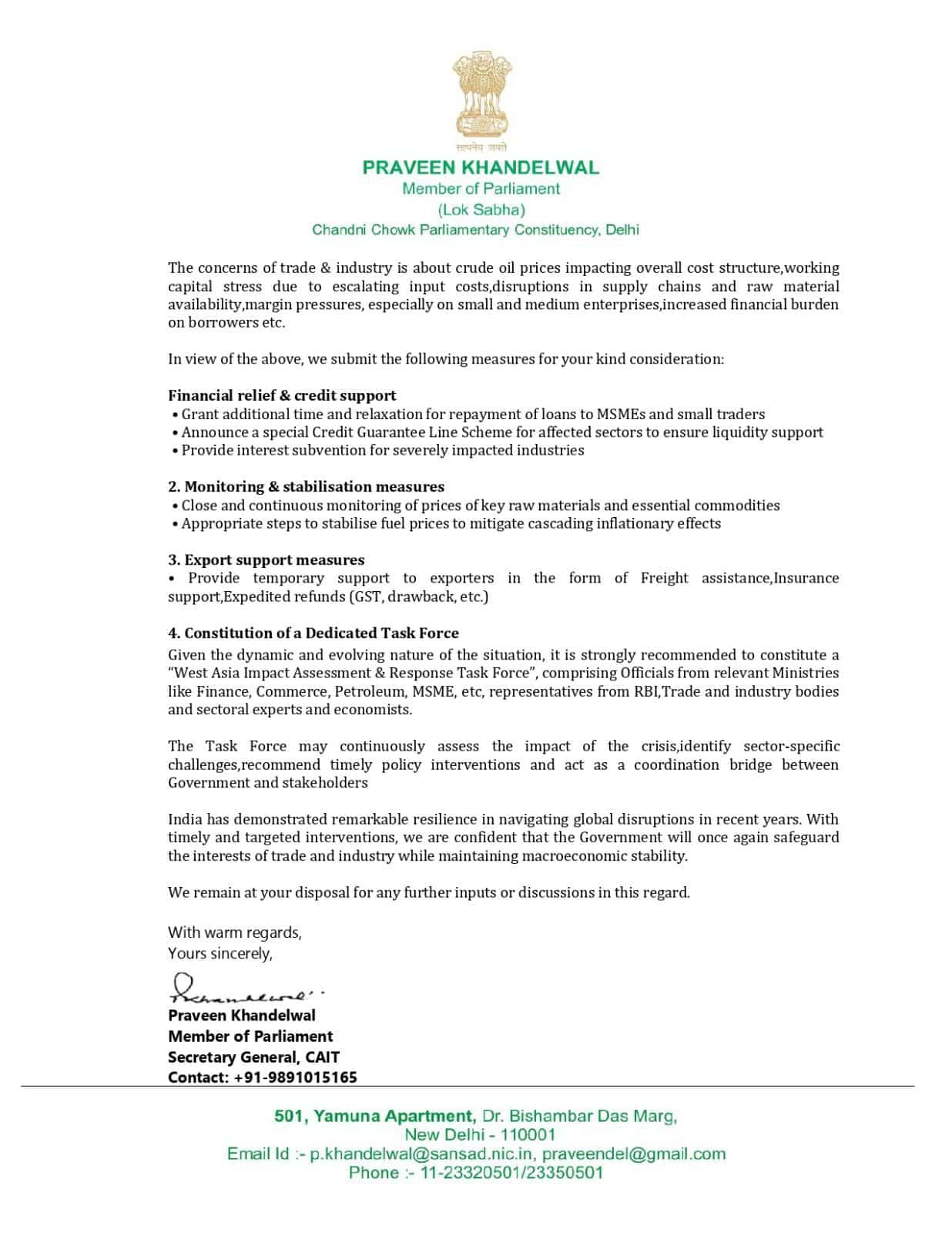 CAIT Praveen Khandelwal letter to FM