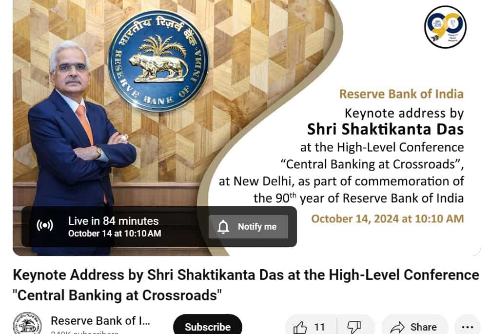 RBI Governor October 14 Speech when and where to watch LIVE