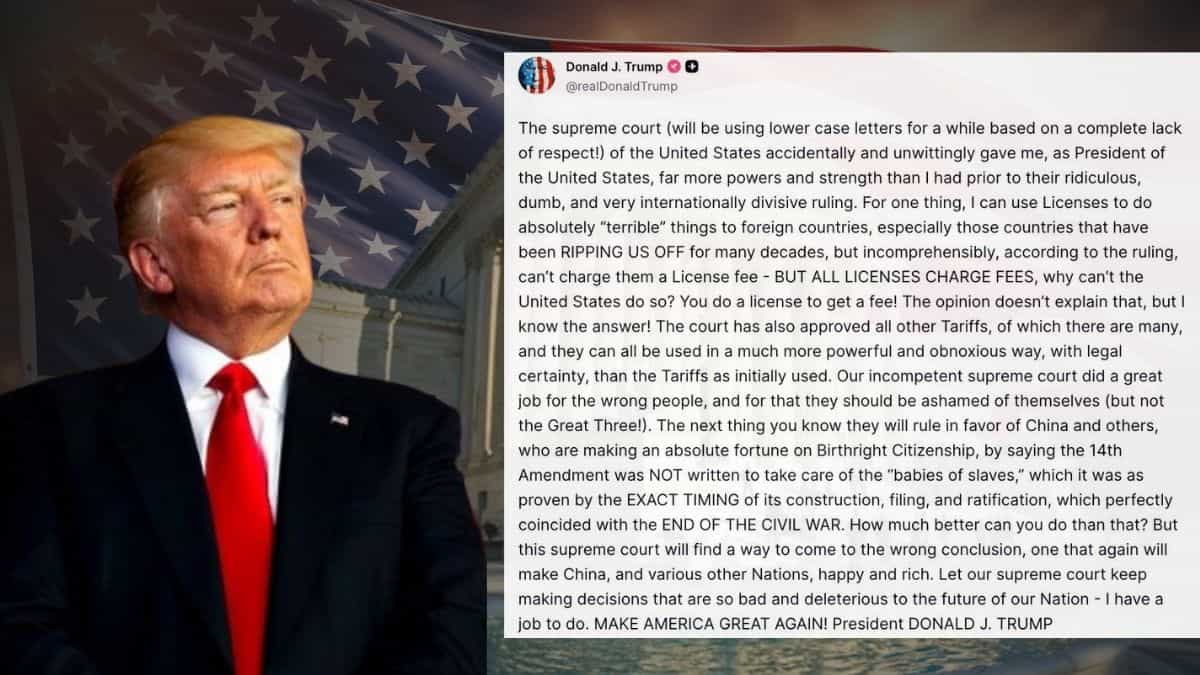 donald trump truth social latest february 2026, Donald Trump, US tariffs ruling, Truth Social post, US Supreme Court verdict, Trump reacts to Supreme Court tariff decision, US Supreme Court 6:3 judgment on global tariffs, International Emergency Economic Powers Act tariff halt, CBP stops tariff collection after court order, Trump proposes 15 per cent tariff via alternative route, Trump accuses China of unfair trade practices, Trump birthright citizenship 14th Amendment comments, Brett Kavanaugh Clarence Thomas Samuel Alito dissent support tariffs, Trump license fee remarks on foreign countries, Trump trade war escalation February 2026