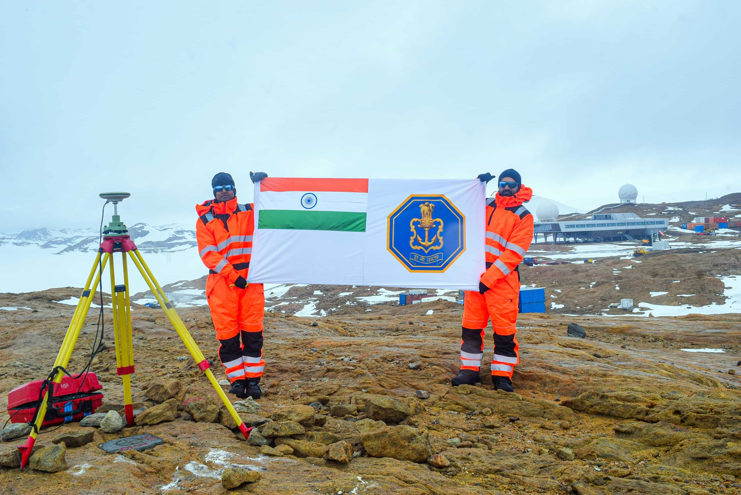 The Indian Flag and Indian Naval Ensign were hoisted by the INHD team in Antarctica, demonstrating the Indian Navy's operational reach for benign missions.