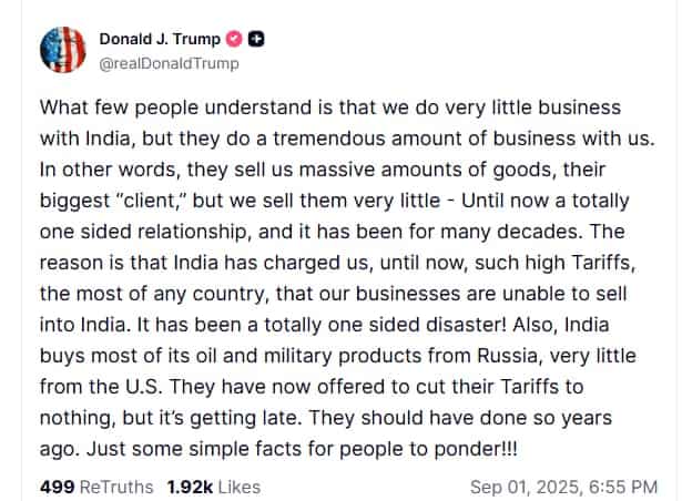 Trump Truth Social Post September 1 2025