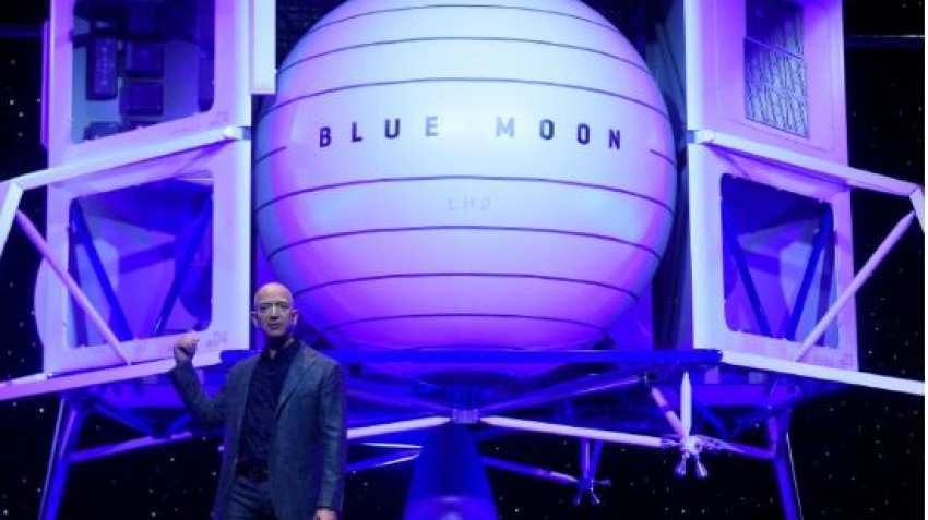 Amazon CEO Jeff Bezos unveils a mockup of a lunar lander spacecraft