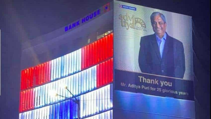 HDFC Bank says big 'thank you' to Aditya Puri, lights up Mumbai HQ with his image HDFC Bank says big 'thank you' to Aditya Puri, lights up Mumbai HQ with his image