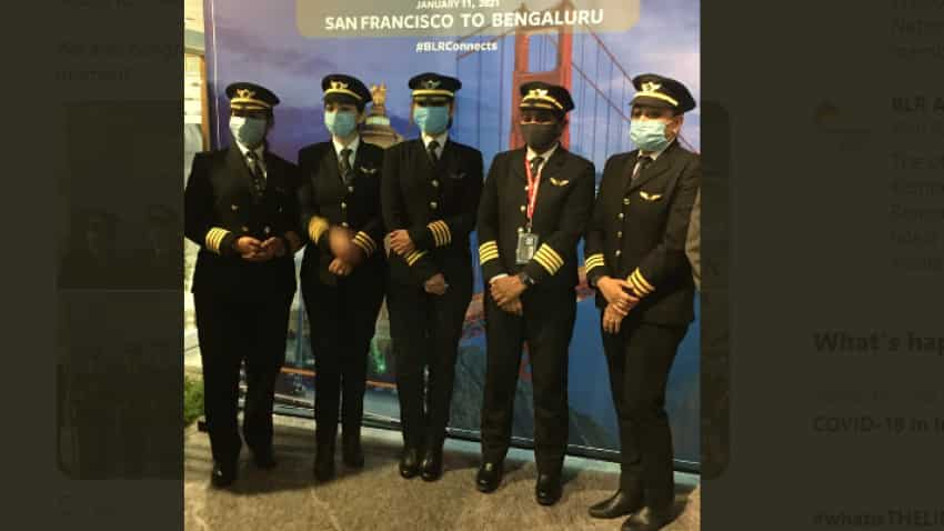 16,000 kilometres, 17 hours! HISTORY CREATED - Air India all-women crew lands in Bengaluru after guiding longest flight over North Pole from San Francisco