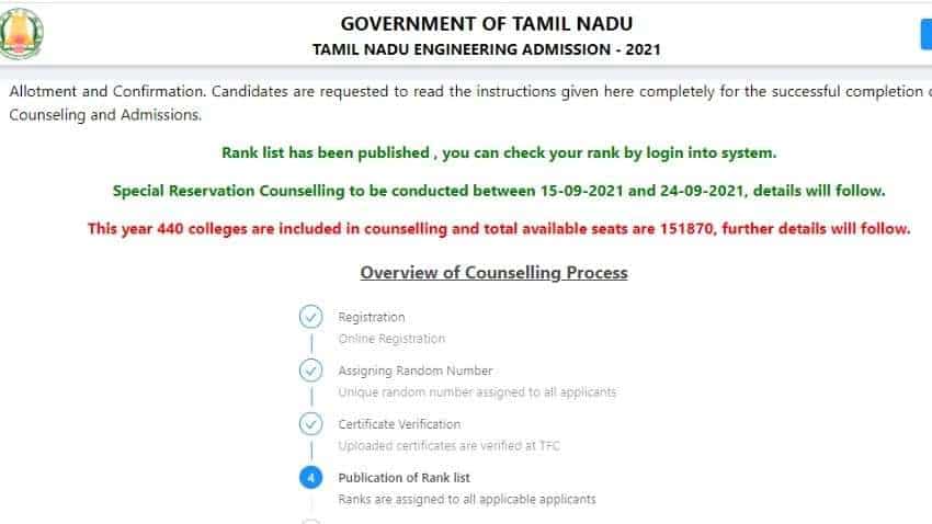 TNEA rank list 2021 RELEASED at tneaonline.org; see how to check, know seat AVAILABILITY, FULL SCHEDULE of online counselling here