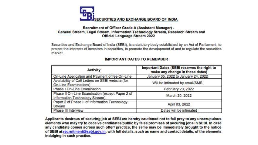 Sebi Recruitment 2022: Notification issued for Officer Grade A (Assistant Manager) Jobs - Download PDF, check details here