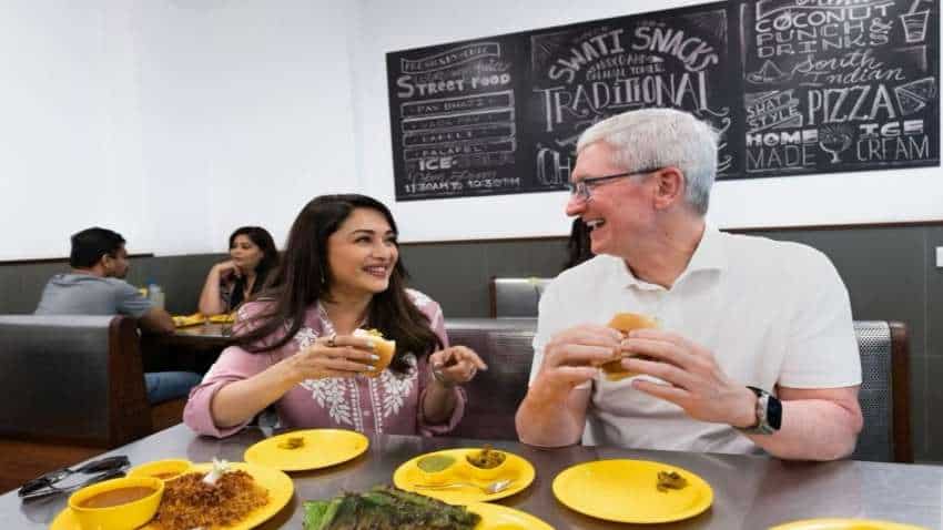 Apple CEO Tim Cook savours Vada Pav in the company of Madhuri Dixit Nene